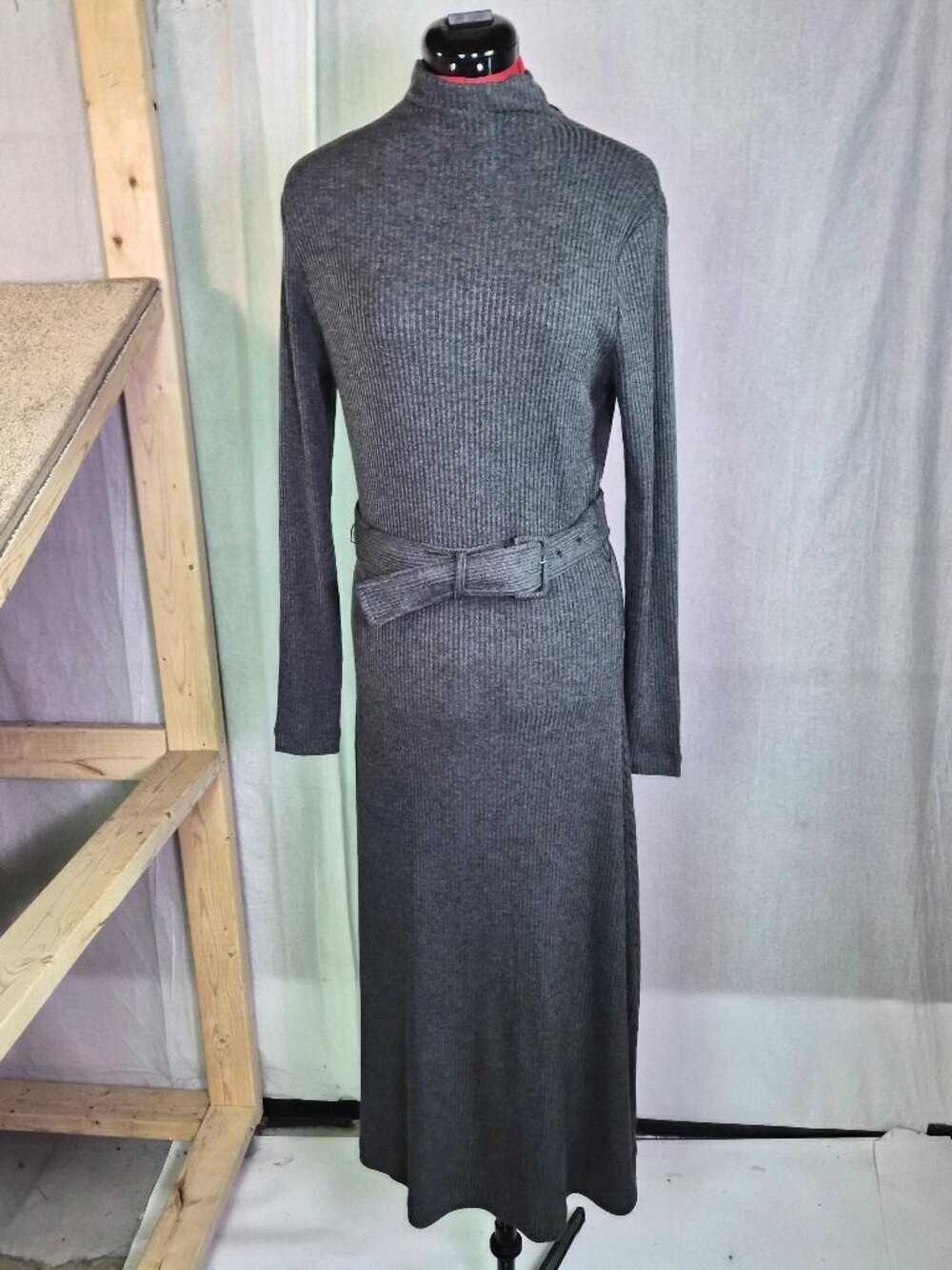 Elie Tahari Womens Gray Ribbed Knit Long Maxi Dress Size Small Belted G034